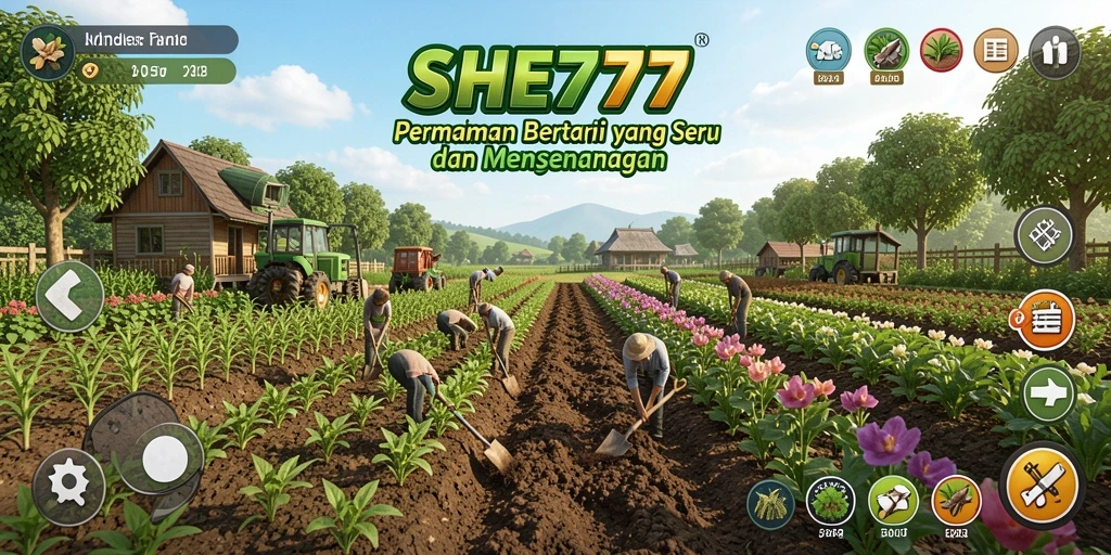 Screenshot gameplay SHE777 menampilkan ladang yang subur dan aktif.