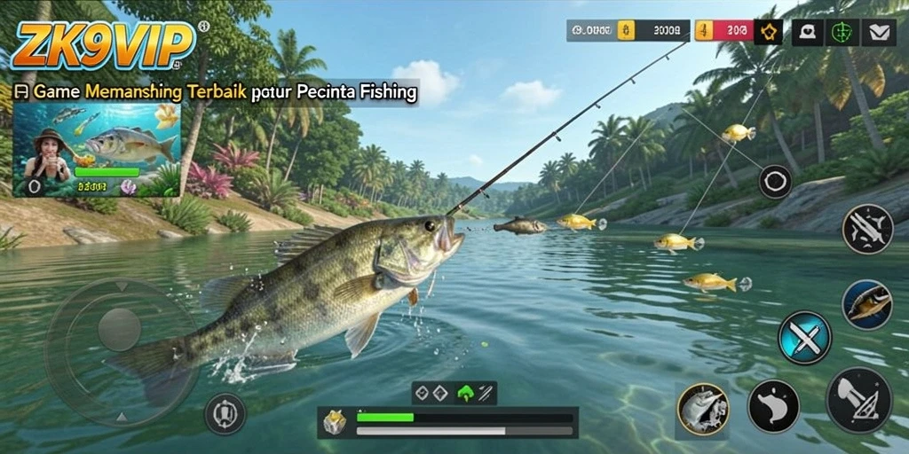 Tampilan gameplay ZK9VIP yang menegangkan saat memancing di danau.